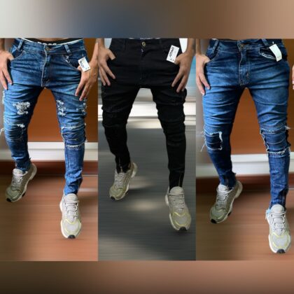 Calças Jeans Masculinas Slim Fit Rasgadas